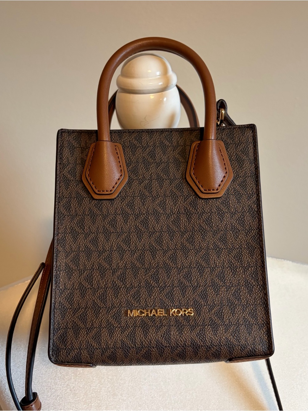Michael Kors Brown Logo Crossbody Tote with Tan Handles